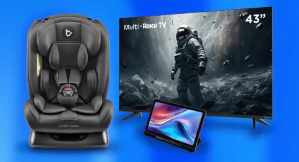 Produtos Multilaser: cadeirinha infantil, televisor e tablet